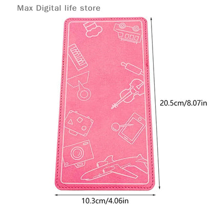 Pink phone case with white icons and measurements on a white background. 20.5cm x 10.3cm