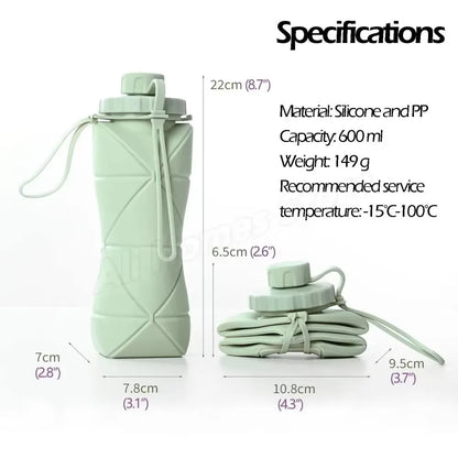 this shows the specifications of the bottle. its made of silicone and pp. it hold 600ml of liquid. measurements when full is 22cm x 7.8cm when folded its 6.5cm and 10.8cm