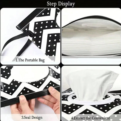 shows the bag is portable, holds many wipes or tissues, has a seal design and a flip top dispenser