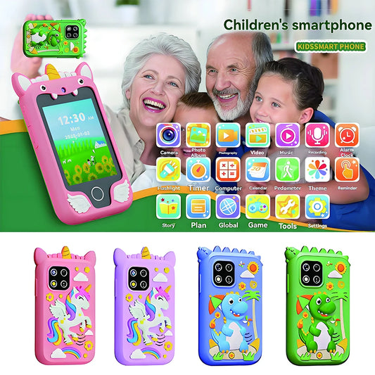 Grandma and Grandad taking a selfie with the grandkids on the green dinosaur camera. the bottom of the photo show the unicorn phone cover in pnk in a lilac purple and the dino phone in blue and green.