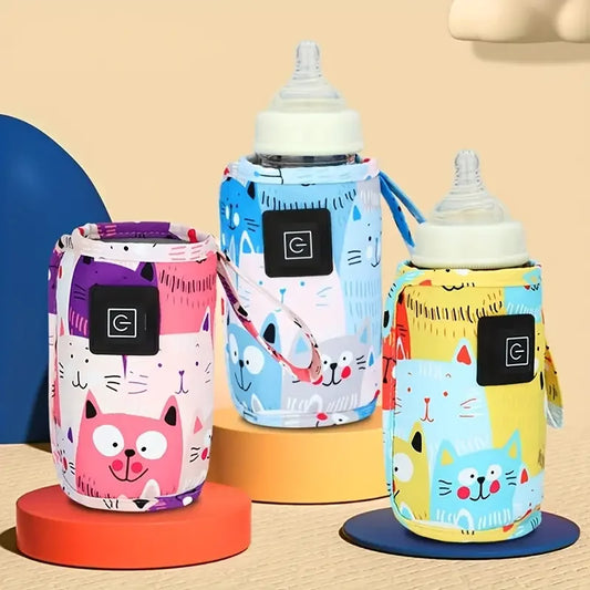 Three colorful baby bottle warmers with cartoon designs on a beige background