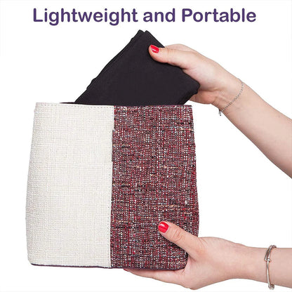 Hand holding a colorful clutch bag with text 'Lightweight and Portable' on a white background