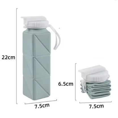 Green collapsible water bottle with measurements on a white background