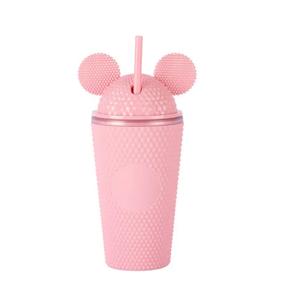 this shows the mouse ears tumbler cup in the colour pink with pink mouse ears and pink straw