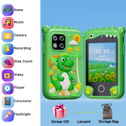 Green Dino kids smartphone toy perfect for boys, photo shows it comes with a lanyard and storage bag.