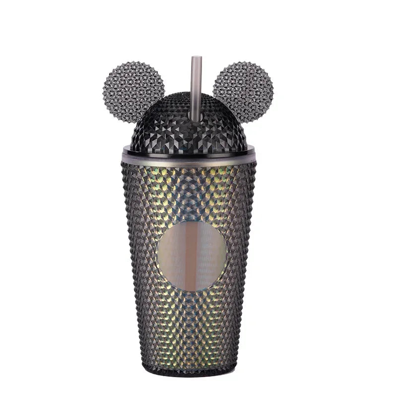 this shows the mouse ears tumbler cup in the colour black with black ears and a black transparent straw