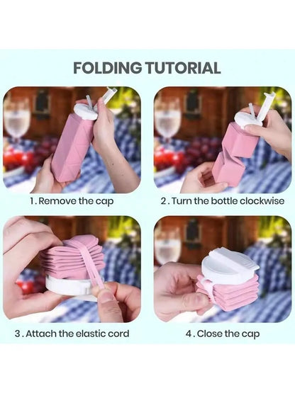 Step-by-step folding tutorial for a bottle with elastic cord, shown in four steps.