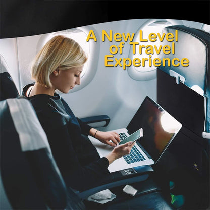 Woman using a laptop on an airplane with text 'A New Level of Travel Experience'.