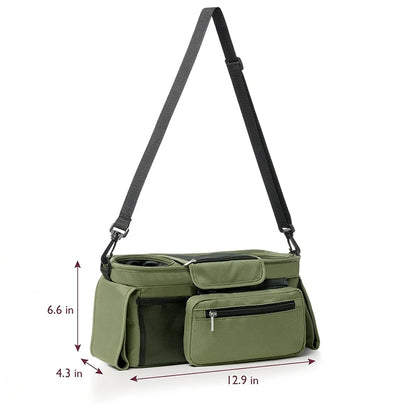 olive green bag with dimensions of 12.9 in x 4.3 in wide x 6.6in depth