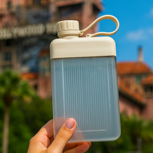 Clear water bottle with beige cap held in front of the Tower Of Terror Hollywood Studios Disney World