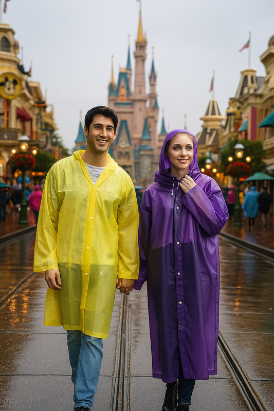 Two people wearing yellow and purple raincoats in front of Cinderella's castle in Magic Kingdom, Walt Disney World Florida.