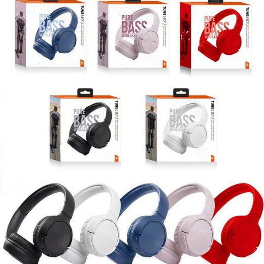 Black, white, blue, pink and red Pure Bass Wireless Bluetooth Headphones with cushioned over-ear design and foldable headband, ideal for travel and theme park use