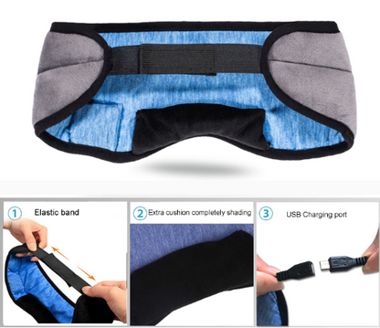 Blue and gray eye mask with USB charging port and cushioning features on a white background.