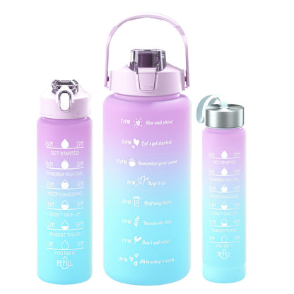 3-piece gradient Sports Cup Set in purple,the gradient colours are pastels from the bottom up are blue to pink to purple. with built in straw and 3 different sizes, 2 litres, 800ml and 300ml. They have a drinking time line on the bottles in gold. the smallest bottle has a screw on lid with a fabric handle. The larger bottles have the locking straw screw on lid and the large 2 litre bottle has a carrying handle.
