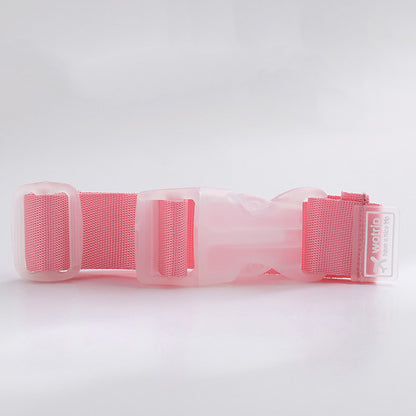 This is a light pink travel strap. The little strap can be put through the handle of a suitcase carry on, park bag or stroller. Perfect for holding minnie ears and caps. The straps come in many bright colours. 